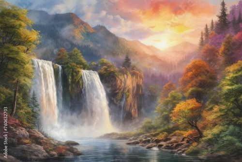 a Watercolor painting of a beautiful waterfall