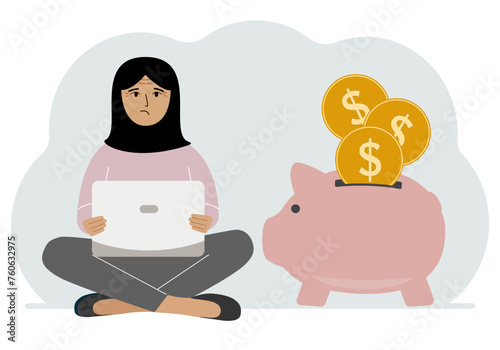 A woman sits cross-legged with a laptop next to a pig piggy bank. Earning money, saving, saving money.