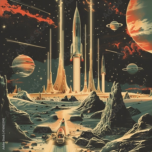 Futuristic space travel in a vintage style, spaceships orbiting distant planets, time warp scenes, rich colors and detail 