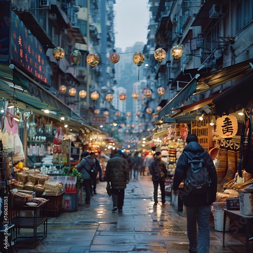 A bustling traditional street market, possibly in an Asian city. Lanterns hang above, lighting up the scene with a warm glow. 