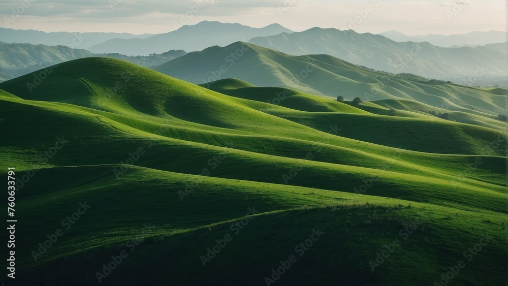 Verdant Summit Vista An abstract wallpaper background illustration design depicting lush green hills and majestic mountains, offering a serene and captivating landscape view