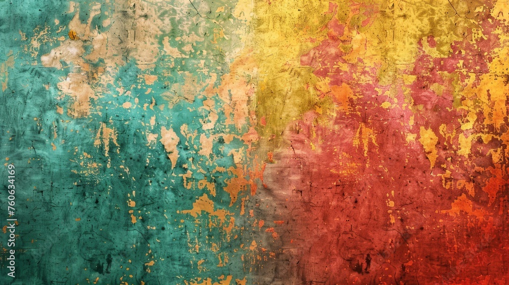 Grunge Background Texture in the Colors Coral Red, Turquoise and Sun Yellow created with Generative AI Technology