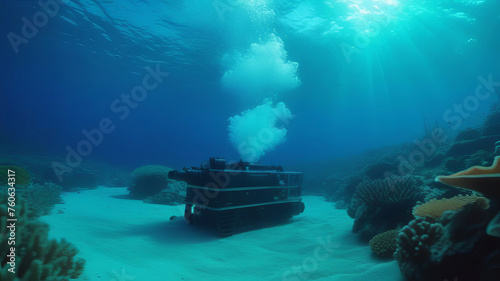 A watercraft is floating on the electric blue waters near a coral reef, under the vast sky with fluffy clouds, creating a beautiful underwater landscape
