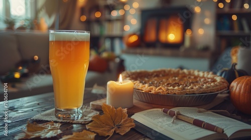 A cozy indoor setting featuring a glass of pumpkin beer next to a candle and a book  with a pumpkin pie in the background