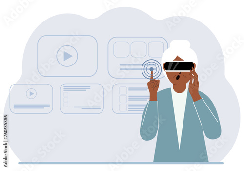 A woman wearing a virtual reality headset studies, works, plays and works.