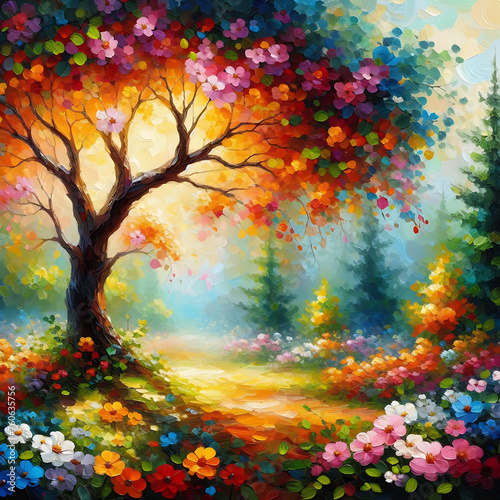 Painting of a tree with colorful flowers in the autumn season. Oil color painting. © ShaikhMuhammad