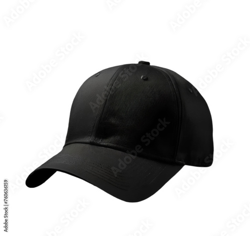 black baseball cap mockup front view, png file of isolated cutout object with shadow on transparent background.