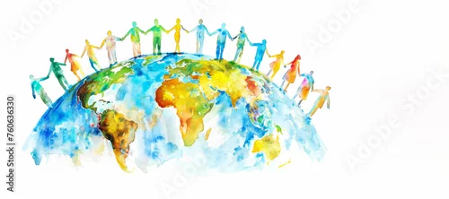 Panel kuchenny z motywem Abstract colorful art watercolor painting depicts people standing  holding hands together around the whole globe Protecting Planet Together, Earth Day, different ethnicities, Environmental Care