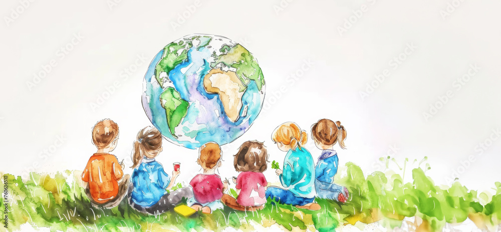 Naklejka premium Earth Day concept, Abstract colorful art Child painting with brush and watercolor paints a picture of earth heart day, around the whole globe Protecting Planet together, Environmental Care
