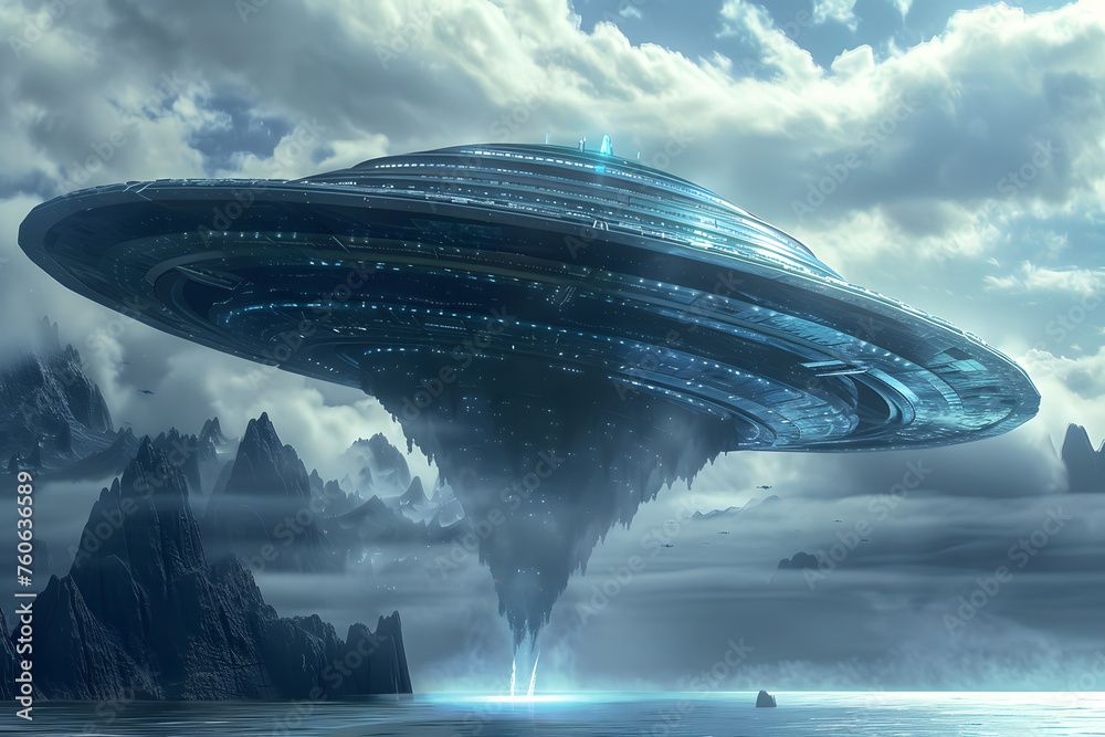 Außerirdisches Raumschiff: Illustration eines UFOs in geheimer Mission im Weltraum Außerirdisches Raumschiff: Illustration eines UFOs in geheimer Mission im Weltraum