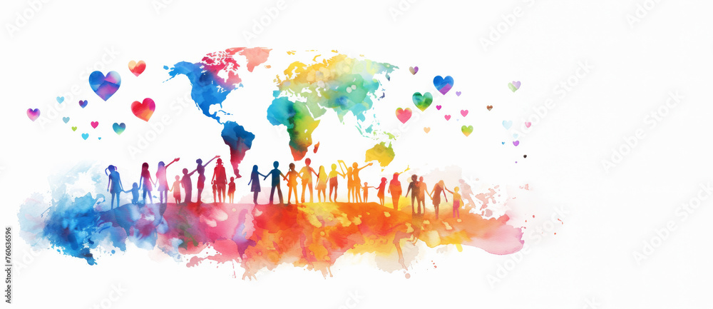 Earth Day concept, Abstract colorful art Child painting with brush and watercolor paints a picture of earth heart day, around the whole globe Protecting Planet together, Environmental Care