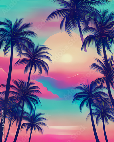 sunset, beach, palm, tree, tropical, sea, sky, ocean, summer, sun, landscape, silhouette, sunrise, nature, island, palm tree, vector, travel, water, palms, illustration, evening, vacation, paradise, c