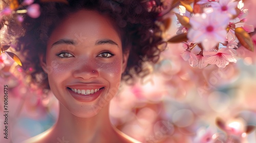 Kobieta z kręconymi włosami uśmiechająca się wiosennym urokiem, wyrażając szczęście i radość z kwiatami nad głową