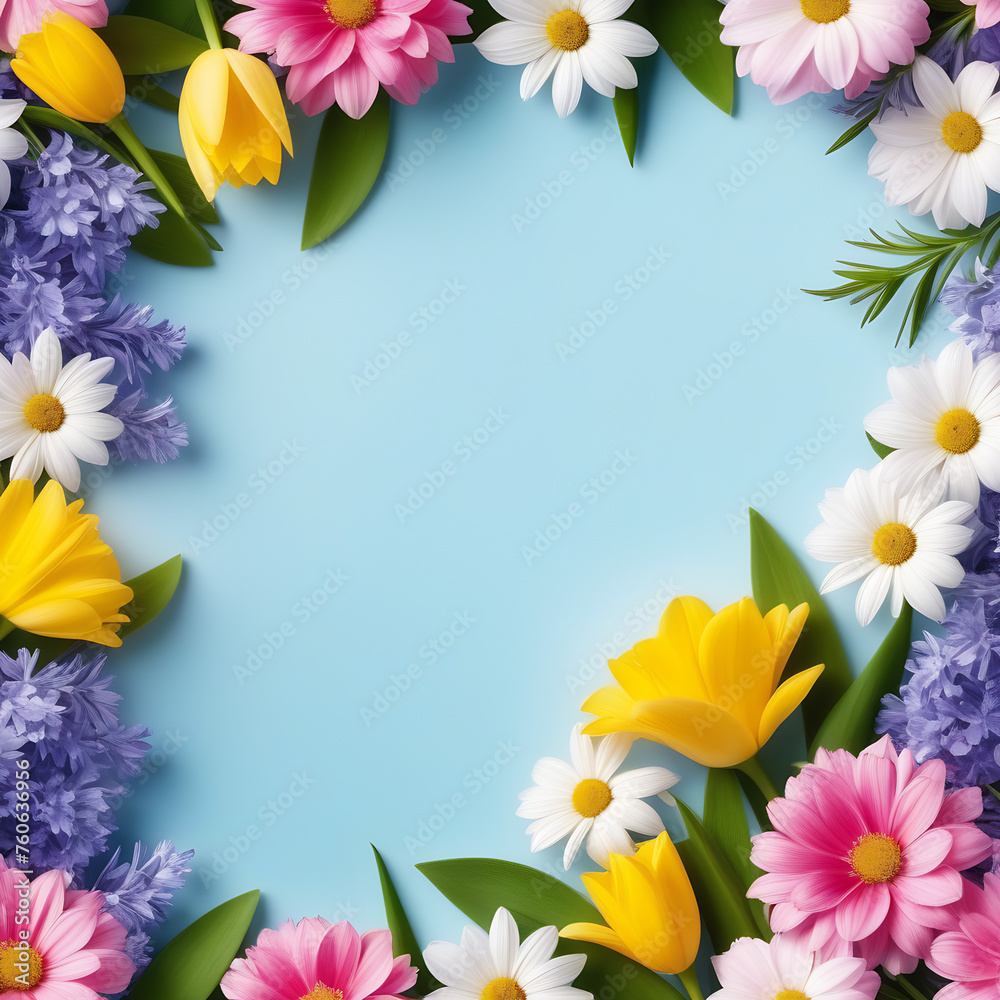 Fototapeta premium Spring flowers with frame for text happy easter camomile tupil postcard card design blue background March 8 women day