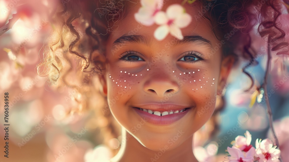 Naklejka premium Mała dziewczynka uśmiecha się wiosennie, mając różowy kwiat wetknięty we włosach. Jej radosna mina wyraża szczęście i radość.