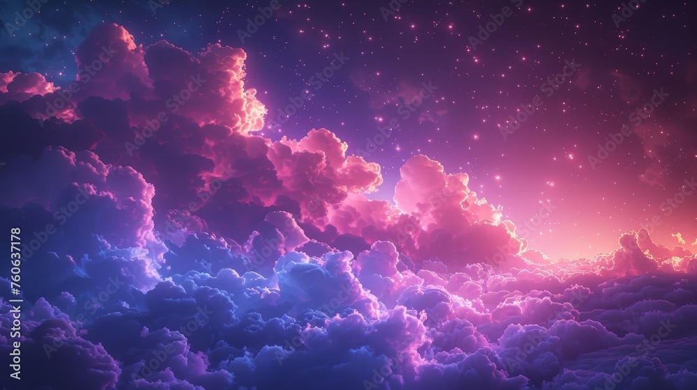 Enchanting night sky with fluffy, glowing clouds under the stars