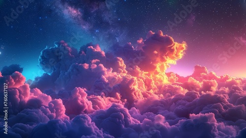 Enchanting night sky with colorful clouds and glowing stars photo