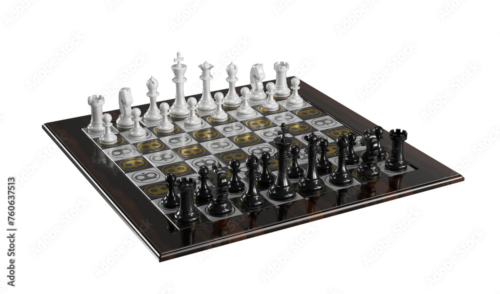 Chess. Black and white finuras on a chessboard in the starting position. Isometrics. Transparent background. Isolated. 3D Render.