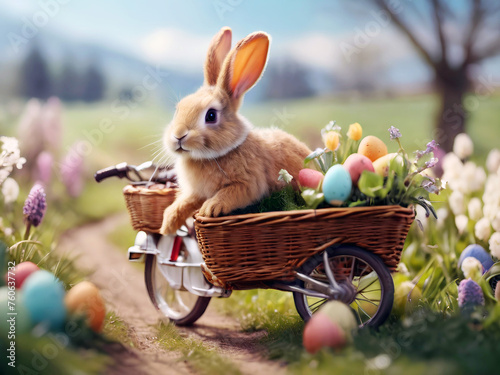 Easter bunny riding a bike with strolling through the countryside with a basket full of easter eggs - Generative AI