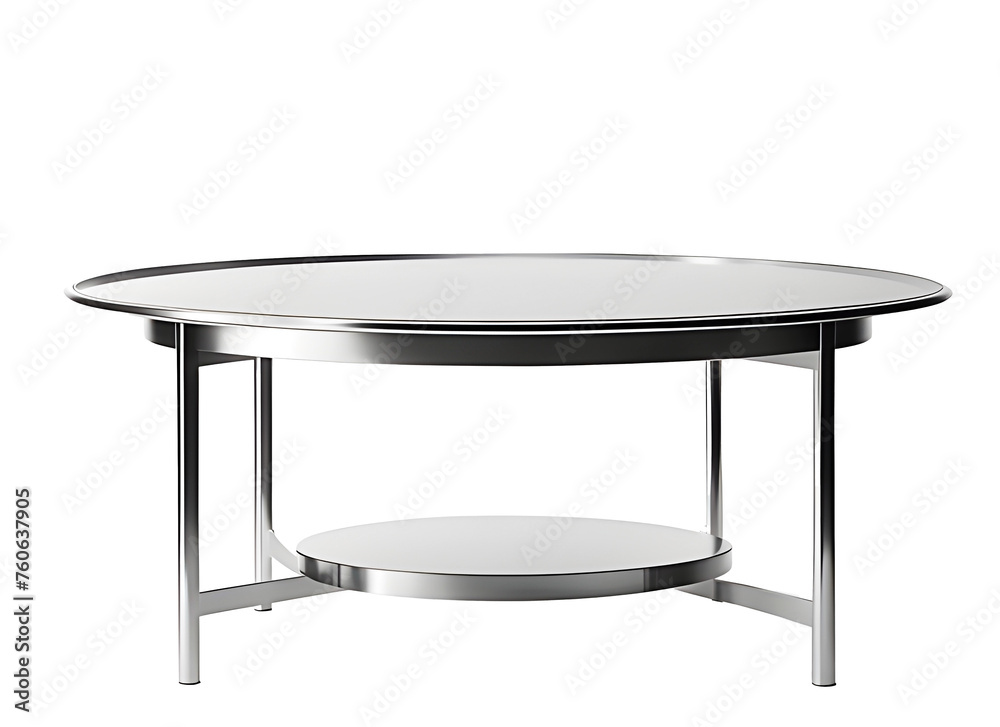 A modern round table with shiny metallic or steel texture isolated on transparent background. Silver table. A modern round table with shiny metallic or steel texture isolated on transparent background. Silver table.