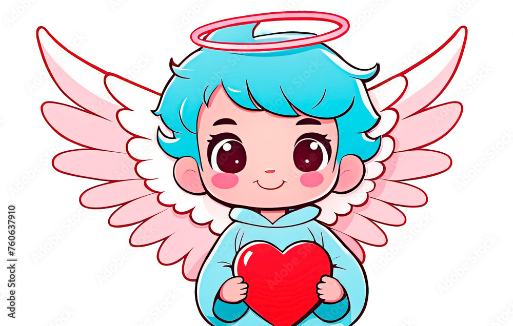 Adorable illustration of a angel cupid holding a red valentine heart. Adorable cartoon styled. Isolated on transparent background.