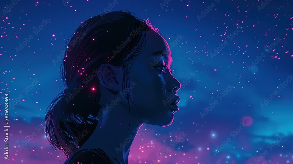 Młoda kobieta z kucykiem stojąca na tle nieba wypełnionego gwiazdami, odzwierciedlając nocną scenerię. Kolory to fiolet i niebieski - obrazy, fototapety, plakaty 