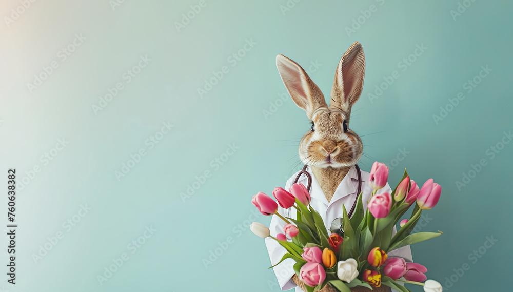 Easter rabbit doctor with stethoscope and bouquet of flowers on pastel background, copy space - obrazy, fototapety, plakaty 