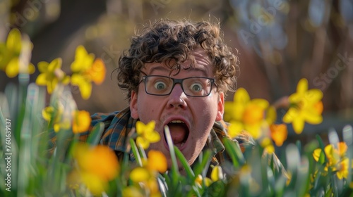 Mężczyzna noszący okulary wyraża zdumienie na twarzy, patrząc na piękno wiosennej natury. Jest w polu pełnym kwiatów wiosennych.
