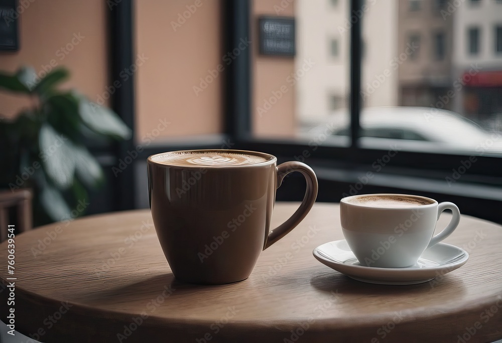 cup of hot coffee and tea on wood table besides window