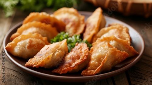 Plate with tasty fried dumplings on wooden table, closeup