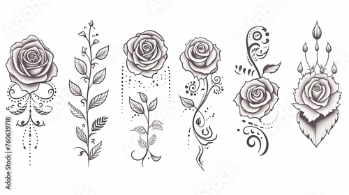 Set of Ethnic rose ornaments on white background, tattoos #760639718