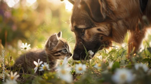 Obraz Spring Companionship - small weak friend big strong, --ar 16:9 --style raw --v 6 Job ID: c8c2b69e-5dd7-4af0-855b-1b4b5784db2f