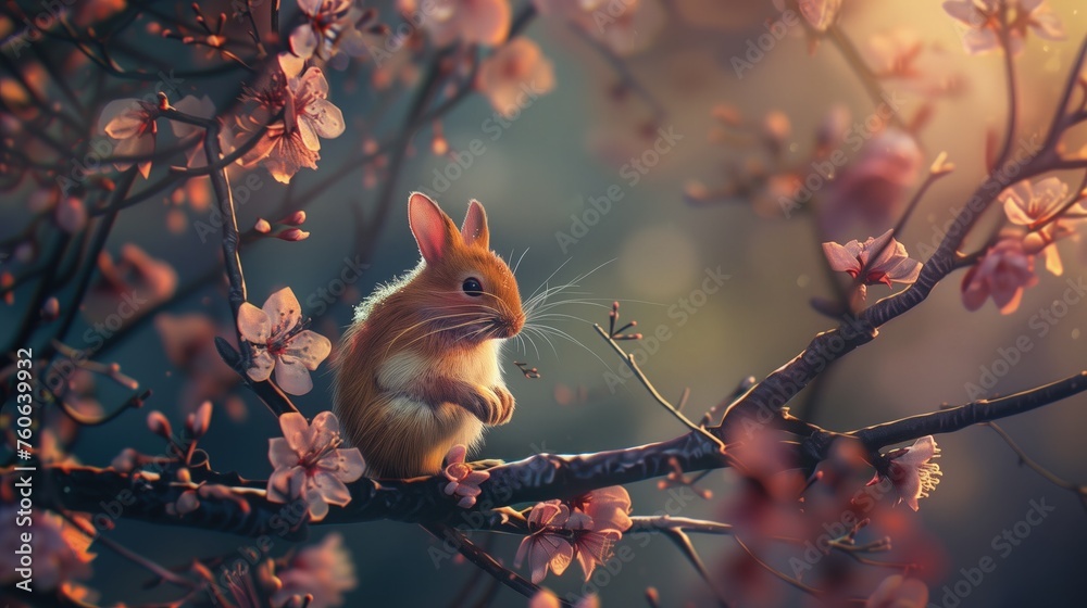 Mały gryzoń siedzi na gałęzi drzewa. Jedząc wśród różowych zakwitających kwiatów - obrazy, fototapety, plakaty 