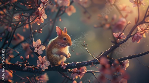 Mały gryzoń siedzi na gałęzi drzewa. Jedząc wśród różowych zakwitających kwiatów