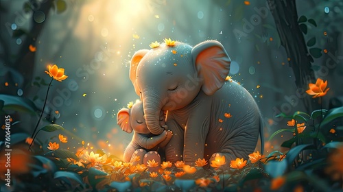 a tender moment of a mother elephant being gently hugged by a cute baby with her trunk. Animal love