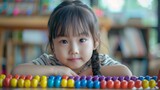 Cute little schoolgirl sitting with abacus
