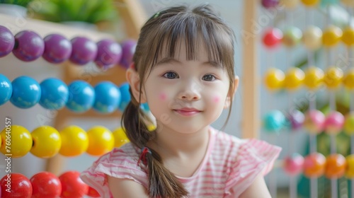 Cute little schoolgirl sitting with abacus