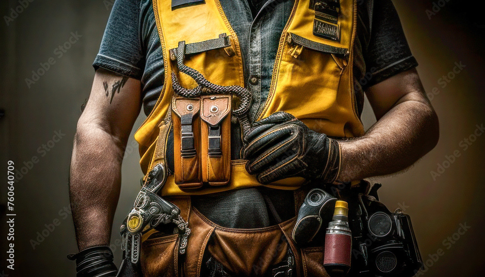 Close-up of Worker with Tool Belt and Equipment Close-up of Worker with Tool Belt and Equipment