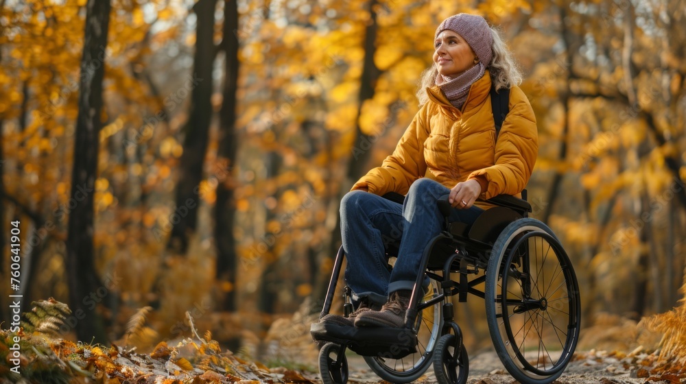 cheerful disabled girl in wheelchair in the autumn park cheerful disabled girl in wheelchair in the autumn park