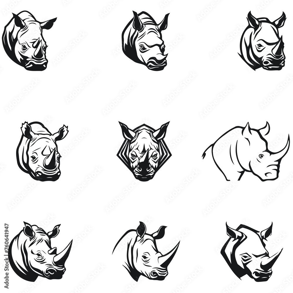 set of Rhino face vector logo element, angry, animal, art, background, black, bull, cow, design, farm, head, horn, horned, icon, illustration, isolated, logo, nature, power, sign, silhouette, strong