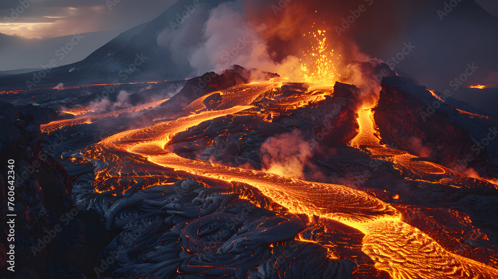 Nighttime River of Lava with Billowing Smoke