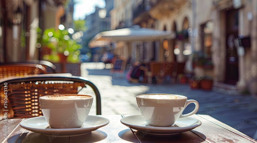 Cup of coffee on cafe table and city town street wallpaper background - obrazy, fototapety, plakaty 