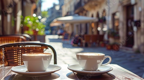 Cup of coffee on cafe table and city town street wallpaper background