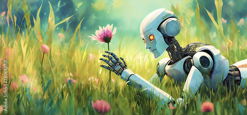 robot dalle sembianze umanoidi sdraiato in un prato che osserva un fiore photo