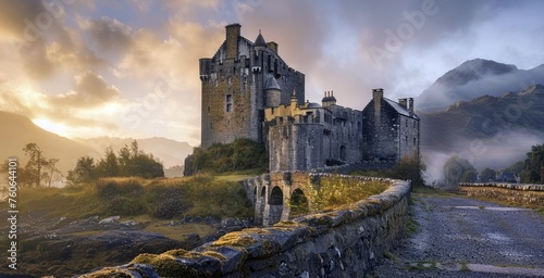 an ancient medieval castle standing tall against the soft  golden light of early morning