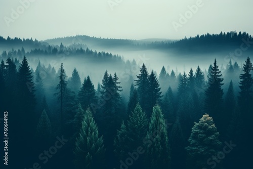 Hyper realistic british landscape  mountain shrouded in fog with trees, ethereal panorama