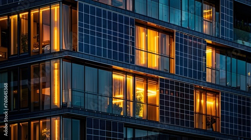Solar Panels Illuminating Office Building Facade at Night: A Statement of Sustainable Urban Architecture