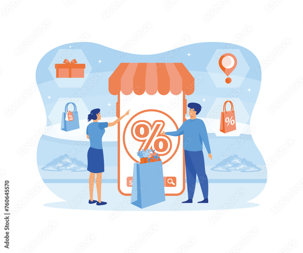 Internet digital store scene with woman on shopping. fast online delivery service. Hands holding a package box with groceries out of mobile screen. flat vector modern illustration