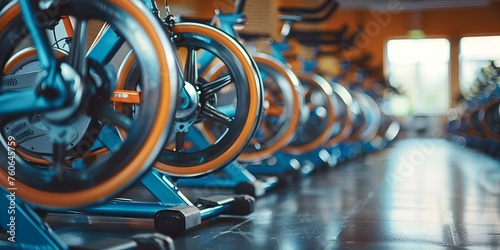 Array of stationary bikes in brightly lit fitness studio promoting healthy living. Concept Fitness Studio, Stationary Bikes, Healthy Living, Bright Lighting, Exercise