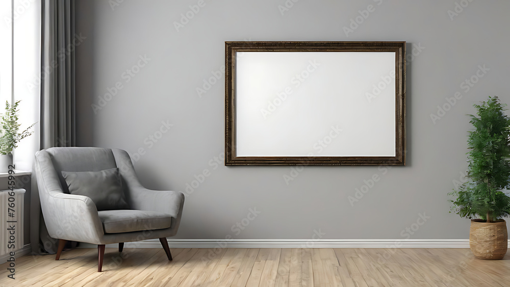 an armchair on a light background with an empty frame on the wall. mockup in a modern minimalist interior an armchair on a light background with an empty frame on the wall. mockup in a modern minimalist interior